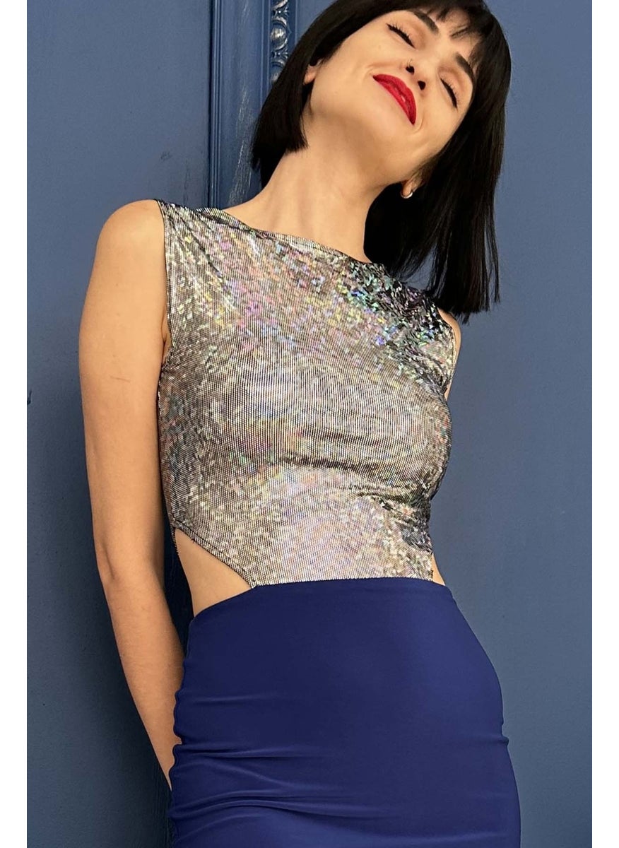 Due Stelle Saks Royal Blue Hologram Back and Side Decollete Slit Tango Dress  - Image 5