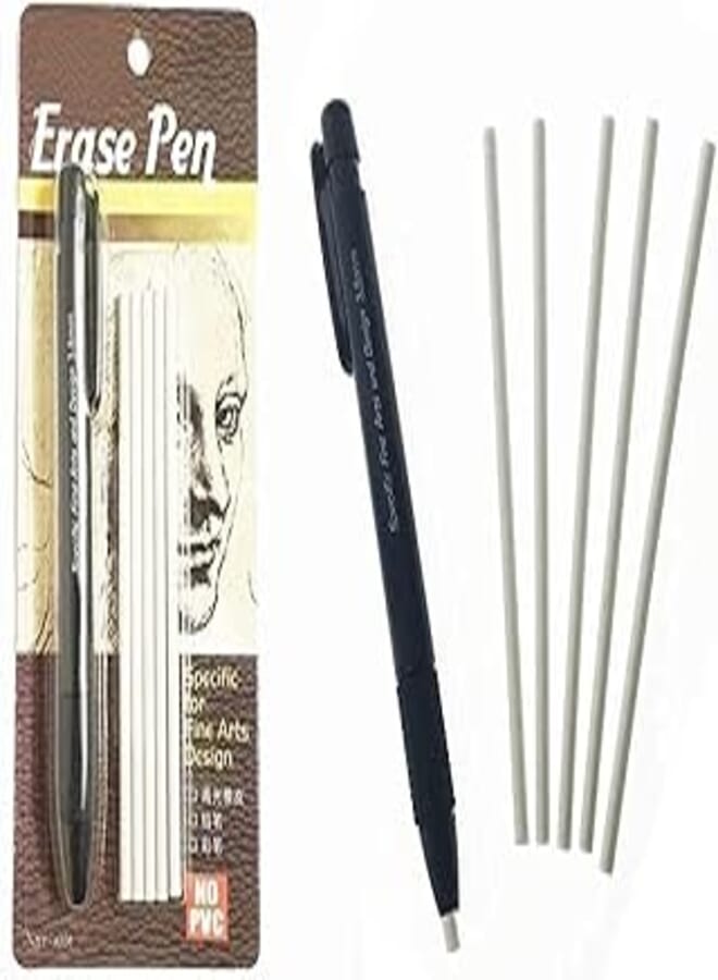 Stl eraser pen with 5 eraser refill 3.8 mm with high quality performance for school and office - black