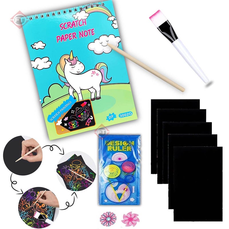 Firstly أولاً 1 دفاتر خدش + 1 قلم لمسي + 1 فرشاة + 1 مسطرة سبيروجراف | ملء حقائب الحفلات للأطفال، ملء صناديق الجوائز لحفلات الأطفال، هدايا حفلات الأطفال، لعبة صغيرة لجوائز الألعاب - Image 1