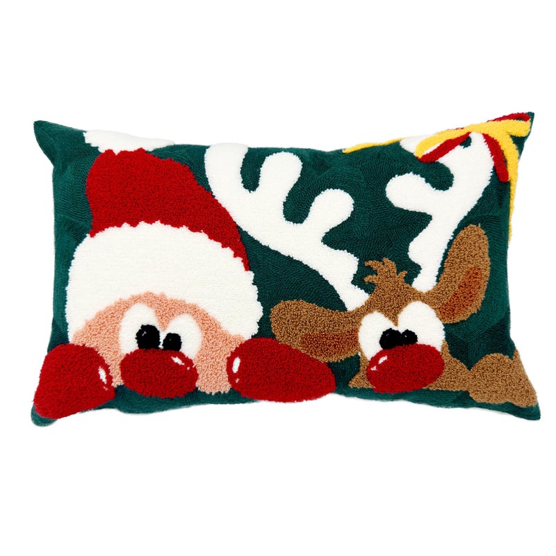 Alysheer Embroidered Lumbar Decorative Throw Pillow Cover 12""x 20""  Christmas Santa Deer Tufted Embroidery Pattern Cozy Cotton Velvet Cushion Case for Sofa Couch Living Room Holiday Decor (Green Red) - Image 1