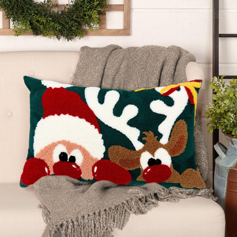 Alysheer Embroidered Lumbar Decorative Throw Pillow Cover 12""x 20""  Christmas Santa Deer Tufted Embroidery Pattern Cozy Cotton Velvet Cushion Case for Sofa Couch Living Room Holiday Decor (Green Red) - Image 2