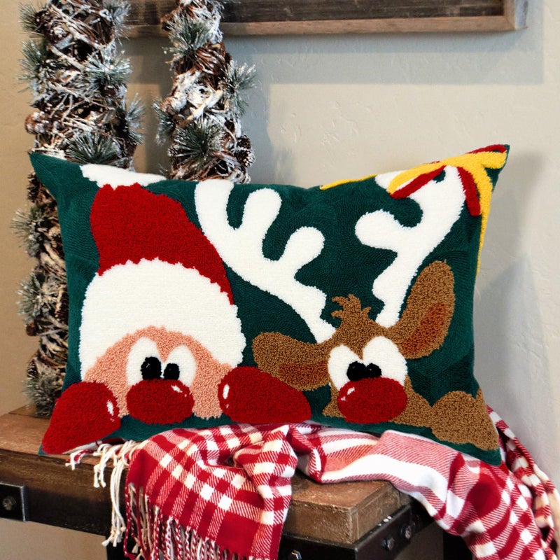 Alysheer Embroidered Lumbar Decorative Throw Pillow Cover 12""x 20""  Christmas Santa Deer Tufted Embroidery Pattern Cozy Cotton Velvet Cushion Case for Sofa Couch Living Room Holiday Decor (Green Red) - Image 3