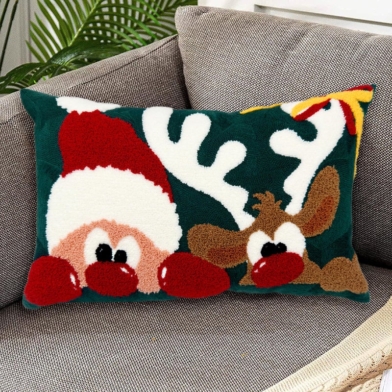 Alysheer Embroidered Lumbar Decorative Throw Pillow Cover 12""x 20""  Christmas Santa Deer Tufted Embroidery Pattern Cozy Cotton Velvet Cushion Case for Sofa Couch Living Room Holiday Decor (Green Red) - Image 4