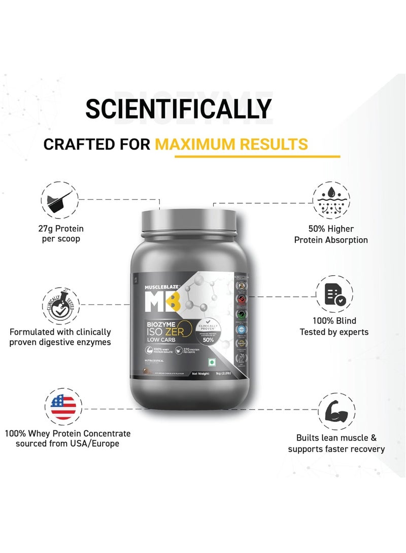 مسل بلايز MuscleBlaze Biozyme Iso-Zero، مسحوق بروتين مصل اللبن المعزول (Whey Isolate) قليل الكربوهيدرات، بنكهة آيس كريم الشوكولاتة (1 كجم / 2.2 رطل) | 27 جم من بروتين مصل اللبن المعزول في كل مكيال | تركيبة معززة للامتصاص (EAF) حاصلة على براءة اختراع من الولايات المتحدة الأمريكية - Image 3