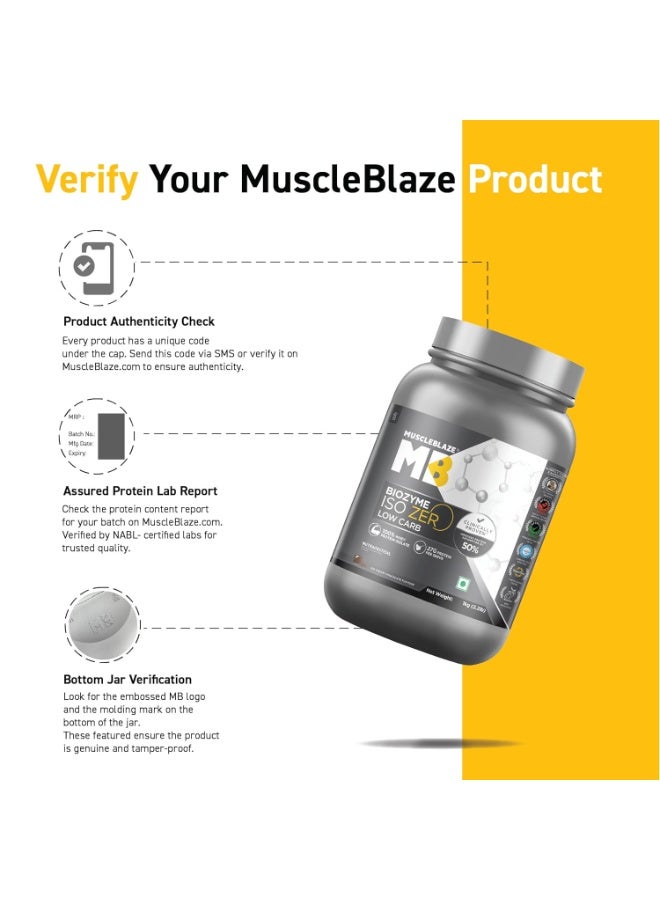 مسل بلايز MuscleBlaze Biozyme Iso-Zero، مسحوق بروتين مصل اللبن المعزول (Whey Isolate) قليل الكربوهيدرات، بنكهة آيس كريم الشوكولاتة (1 كجم / 2.2 رطل) | 27 جم من بروتين مصل اللبن المعزول في كل مكيال | تركيبة معززة للامتصاص (EAF) حاصلة على براءة اختراع من الولايات المتحدة الأمريكية - Image 2