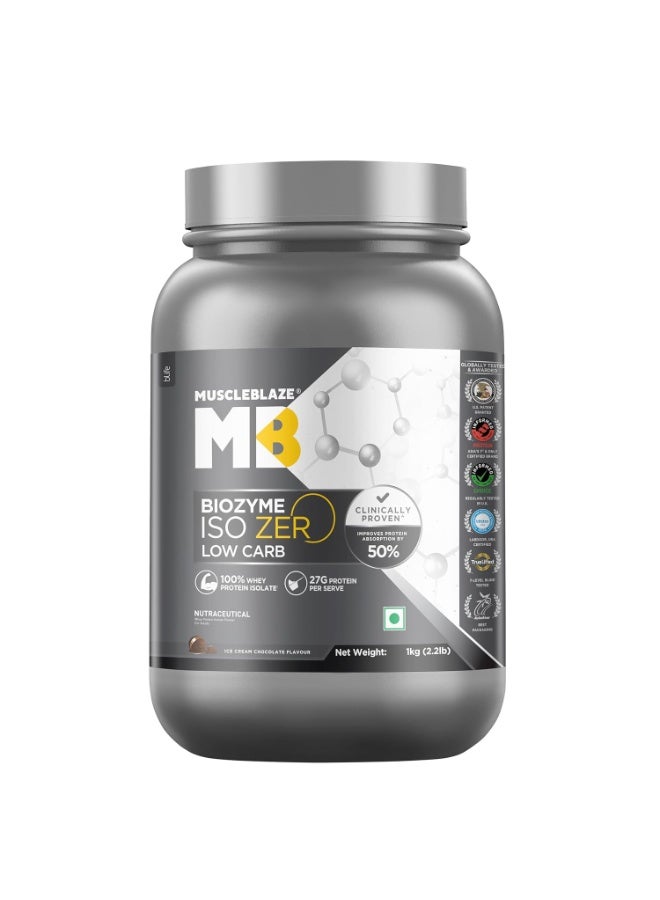 مسل بلايز MuscleBlaze Biozyme Iso-Zero، مسحوق بروتين مصل اللبن المعزول (Whey Isolate) قليل الكربوهيدرات، بنكهة آيس كريم الشوكولاتة (1 كجم / 2.2 رطل) | 27 جم من بروتين مصل اللبن المعزول في كل مكيال | تركيبة معززة للامتصاص (EAF) حاصلة على براءة اختراع من الولايات المتحدة الأمريكية - Image 1