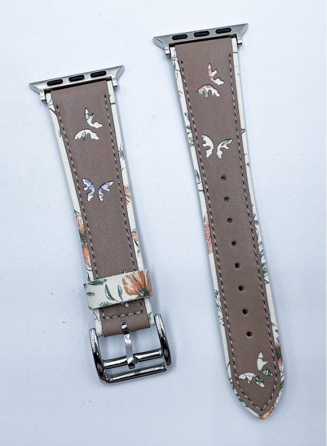 Beauenty For apple iWatch 6/7/8 Watch with Butterfly print leather strap 42/44/45/49mm brown