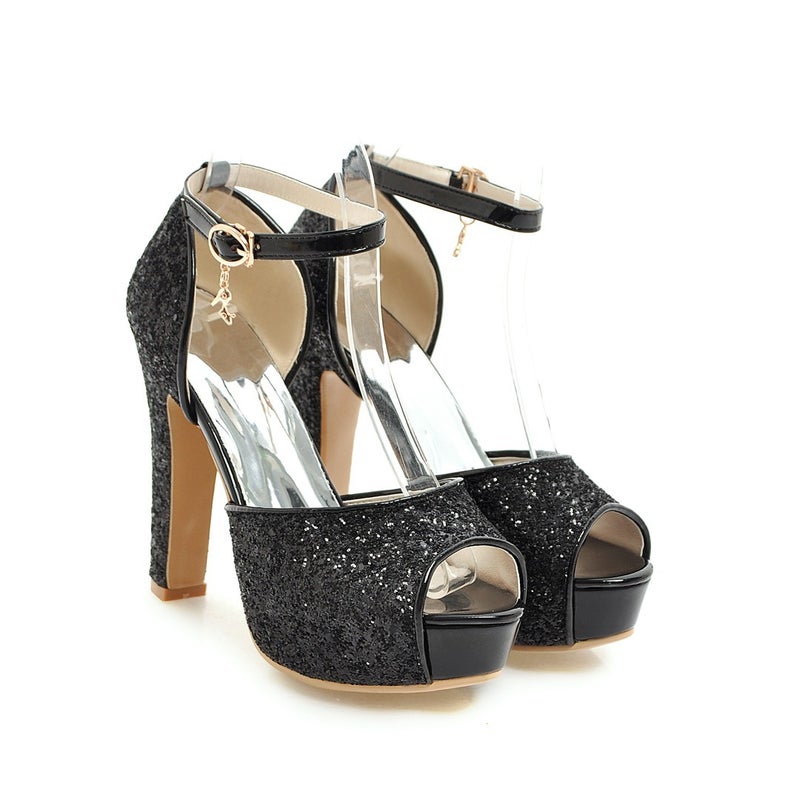 Fs502271 Fish Mouth All-Match Thick Heel Super High Heel Fashion Sequins 31-43 Bride Sandals - Image 1