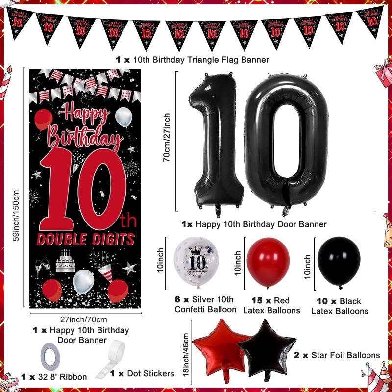 Pounira 10th Birthday Decorations for Boys Girls, Double Digits Boy Red Black Happy 10th Birthday Decorations, 10 Year Old Birthday Door Banner Sign, Triangle Flag, Large 10 Balloons Decor Tenth Bday Party - Image 3