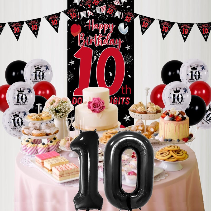 Pounira 10th Birthday Decorations for Boys Girls, Double Digits Boy Red Black Happy 10th Birthday Decorations, 10 Year Old Birthday Door Banner Sign, Triangle Flag, Large 10 Balloons Decor Tenth Bday Party - Image 4