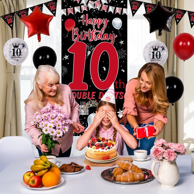 Pounira 10th Birthday Decorations for Boys Girls, Double Digits Boy Red Black Happy 10th Birthday Decorations, 10 Year Old Birthday Door Banner Sign, Triangle Flag, Large 10 Balloons Decor Tenth Bday Party - Image 5