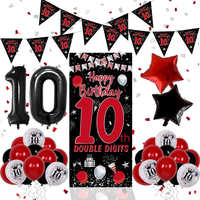 Pounira 10th Birthday Decorations for Boys Girls, Double Digits Boy Red Black Happy 10th Birthday Decorations, 10 Year Old Birthday Door Banner Sign, Triangle Flag, Large 10 Balloons Decor Tenth Bday Party - Image 1