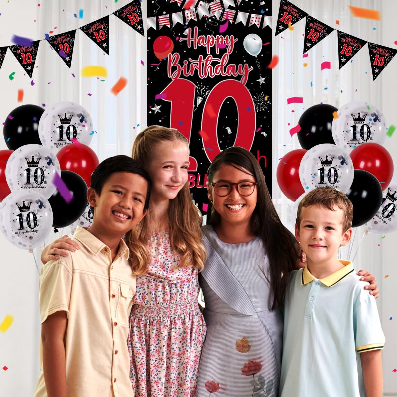 Pounira 10th Birthday Decorations for Boys Girls, Double Digits Boy Red Black Happy 10th Birthday Decorations, 10 Year Old Birthday Door Banner Sign, Triangle Flag, Large 10 Balloons Decor Tenth Bday Party - Image 2