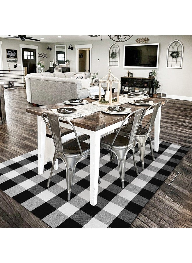 KILOCOCO 4x6 Buffalo Plaid Checkered Rug Outdoor Indoor Black and White Rugs Front Door Rug Low Pile Cotton Washable Front Porch Rugs Layered Doormats for Living Room Bedroom Kitchen Farmhouse Entry - Image 2