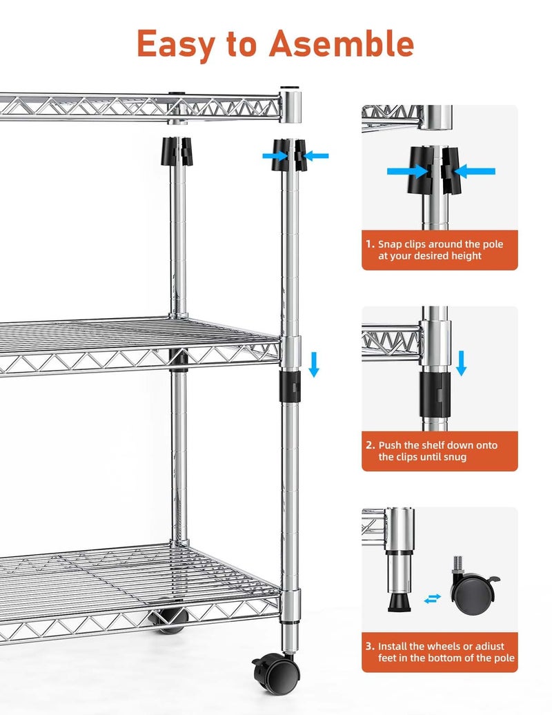 Simple Deluxe Heavy Duty 3-Shelf Shelving Unit, 24.02" D x 13.78"W x 21.97" H, 3 Tier, Chrome - Image 5