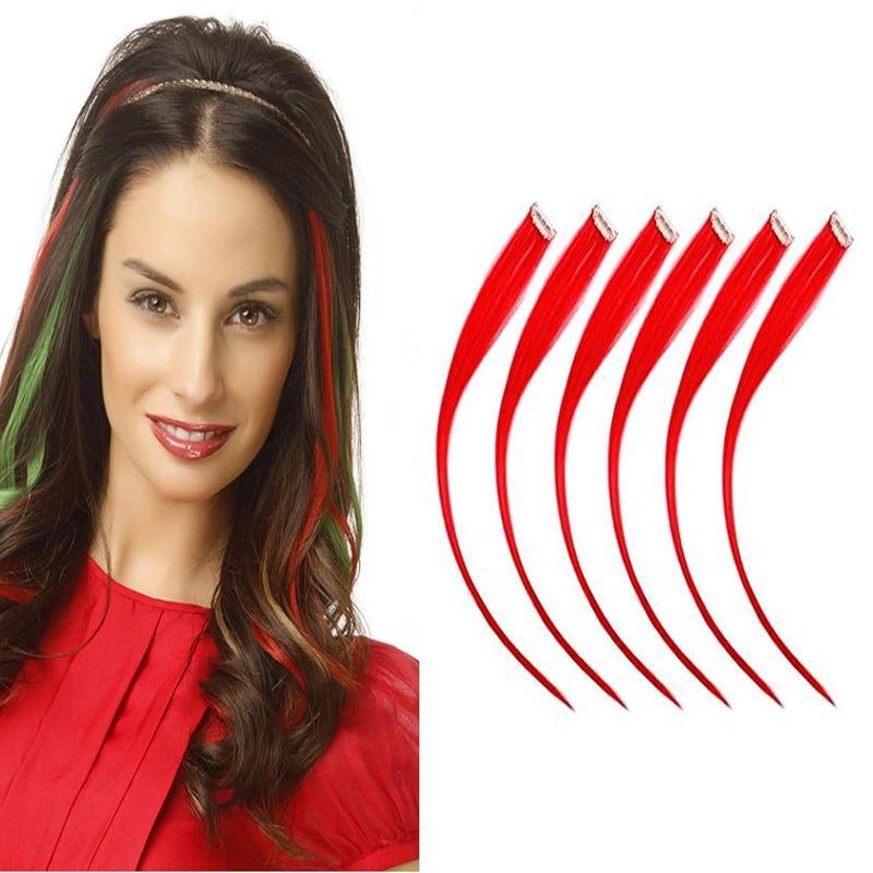 Funyn 18 Inch High light Clip in Human Hair Extensions 100 Straight Clip on Party Highlights Colored Hair Extensions 6 Piecesset Red