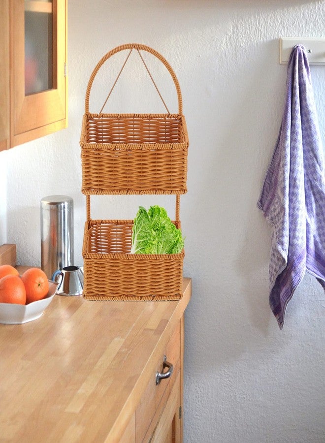 OUNONA Wall 2 Tiers Storage Basket Woven Hanging Organizer Basket Wall-mounted Organizer Bins Decorative Wall Basket for Home Kitchen Bathroom over The Door Organizer - Image 3