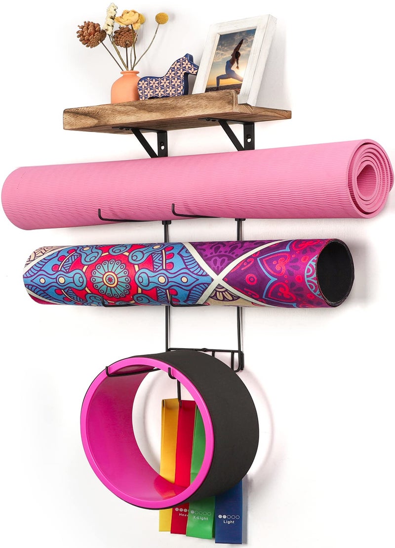 Bikoney Yoga Mat Holder Wall Mount Yoga Mat Storage Home Gym Accessories with Wood Floating Shelves and 4 Hooks for Hanging Foam Roller and Resistance Bands Fitness Home Gym Carbonized Black - Image 1
