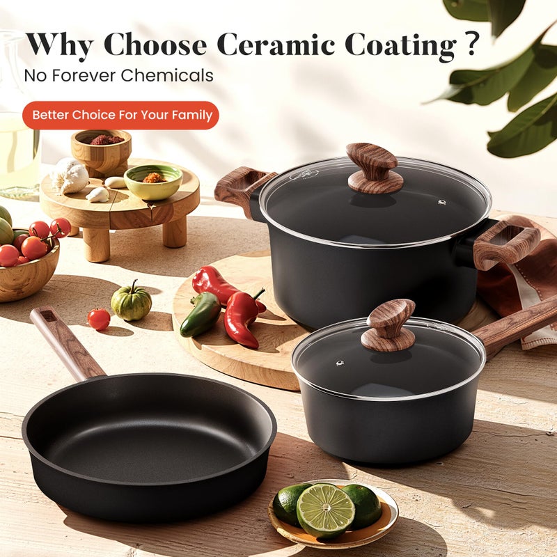 Kitchen Academy Non Toxic Pots and Pans Set Non Stick - 10 Pcs Induction Ceramic Cookware Set, Healthy Nonstick Black Cooking Pans Set, PFAS/PTFE/PFOA & PFOS Free - Image 2