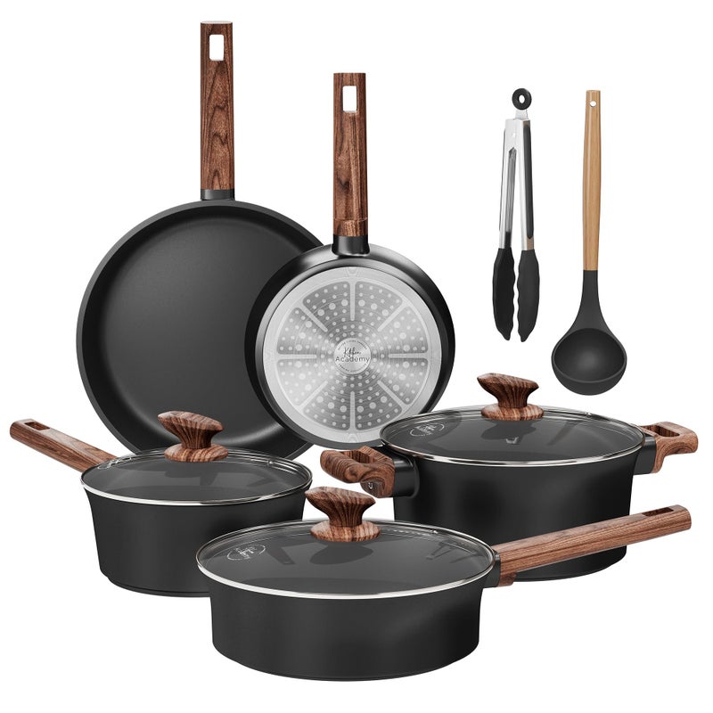 Kitchen Academy Non Toxic Pots and Pans Set Non Stick - 10 Pcs Induction Ceramic Cookware Set, Healthy Nonstick Black Cooking Pans Set, PFAS/PTFE/PFOA & PFOS Free - Image 1