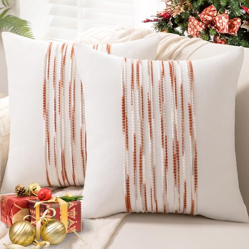WANLIRD Boho Throw Pillow Covers 18x18 Set of 2 Christmas Decorative Cushion Case Striped Square Pillows Cover Chenille Pillow Cases Accent Neutral Pillowcase for Sofa Couch BedWhite Winered - Image 1