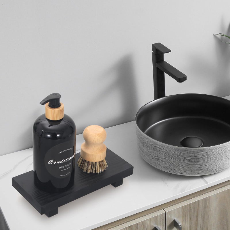 Ayiaren Black Bathroom Vanity Organizer Tray for Countertop Small Wooden Pedestal Stand Farmhouse Kitchen Sink Tray Decorative Hand Soap Dish Dispenser Holder Wood Risers Modern Bathroom Decor Accessories - Image 2