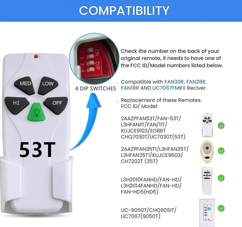 Ceiling Fan Remote Replacement for 2AAZPFAN53T L3HFANIIT 1IT KUJCE9103 EO8BT CHQ7030T UC7030T Accessories - Image 5