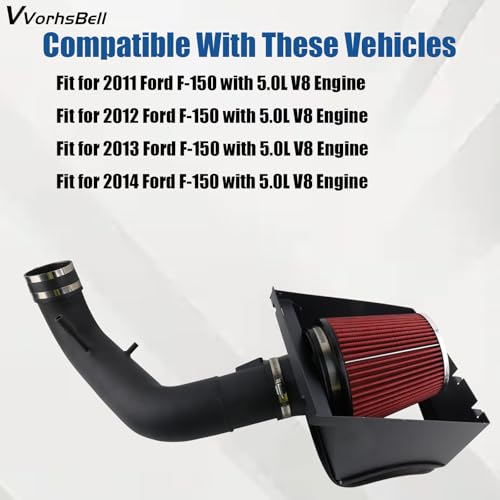 VVORHSBELL Cold Air Intake Kit Compatible with 2011-2014 Ford F150 5.0L V8 Aluminum High-Performance Air Filter System with Heat Shield, Reusable Washable Filter, Horsepower & Torque Boost - Image 3