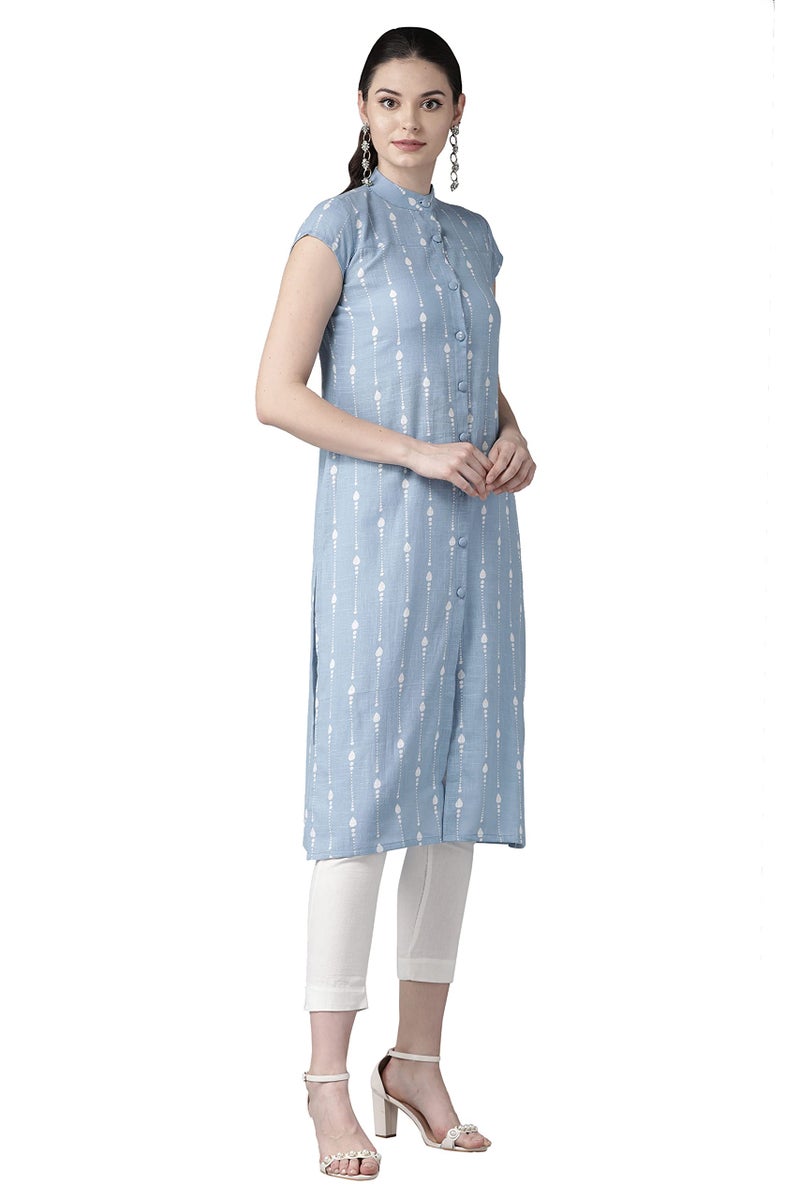 See Designs Women Blue & White Khari Print Straight Kurta - Image 3