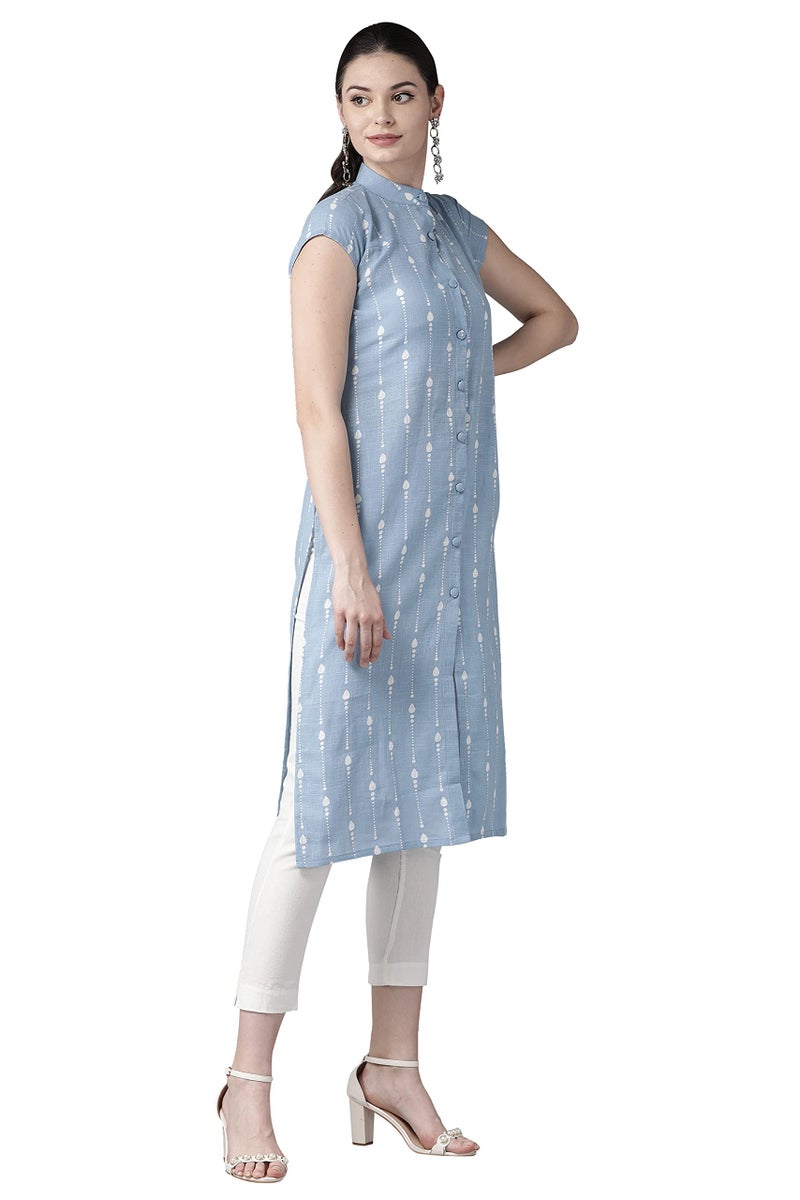 See Designs Women Blue & White Khari Print Straight Kurta - Image 4