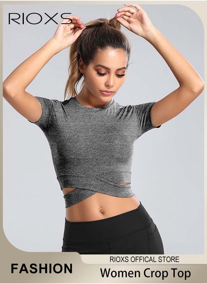 RIOXS - Womens Short Sleeve Athletic Crop Tops Yoga Tops Slim Fit Shirts For Running Exercise - Image 1