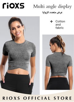 RIOXS Womens Short Sleeve Athletic Crop Tops Yoga Tops Slim Fit Shirts For Running Exercise  - Image 2