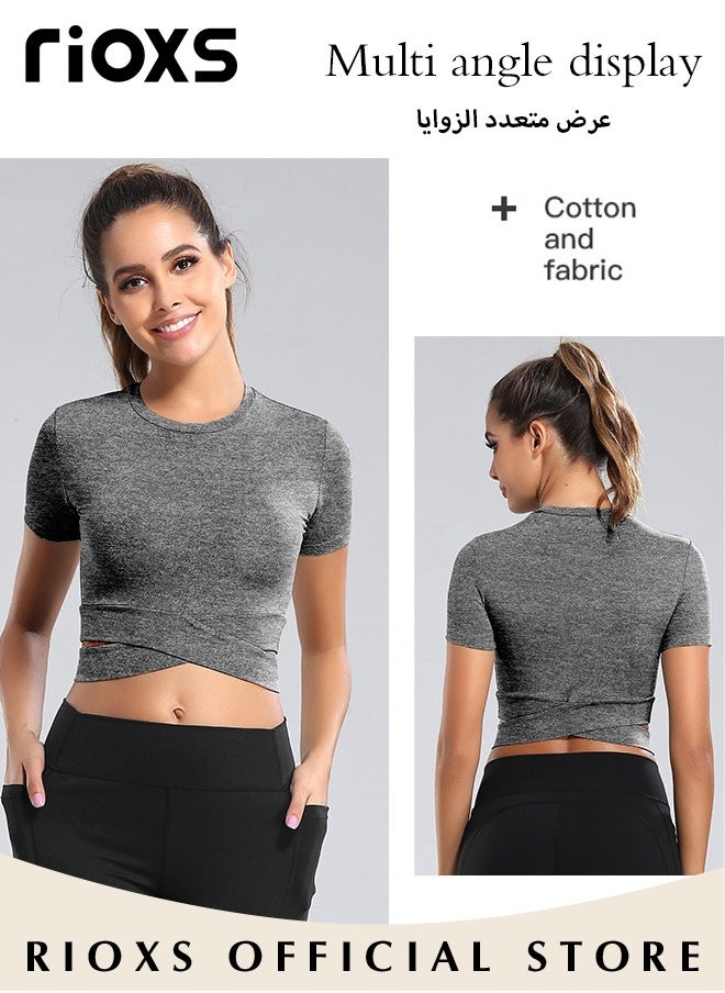 RIOXS - Womens Short Sleeve Athletic Crop Tops Yoga Tops Slim Fit Shirts For Running Exercise - Image 1