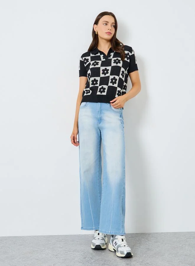 Styli Black Floral Knit Relaxed Fit Polo T-Shirt