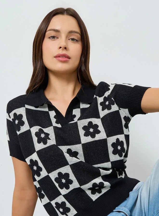 Styli Black Floral Knit Relaxed Fit Polo T-Shirt