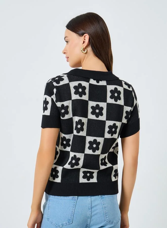 Styli Black Floral Knit Relaxed Fit Polo T-Shirt