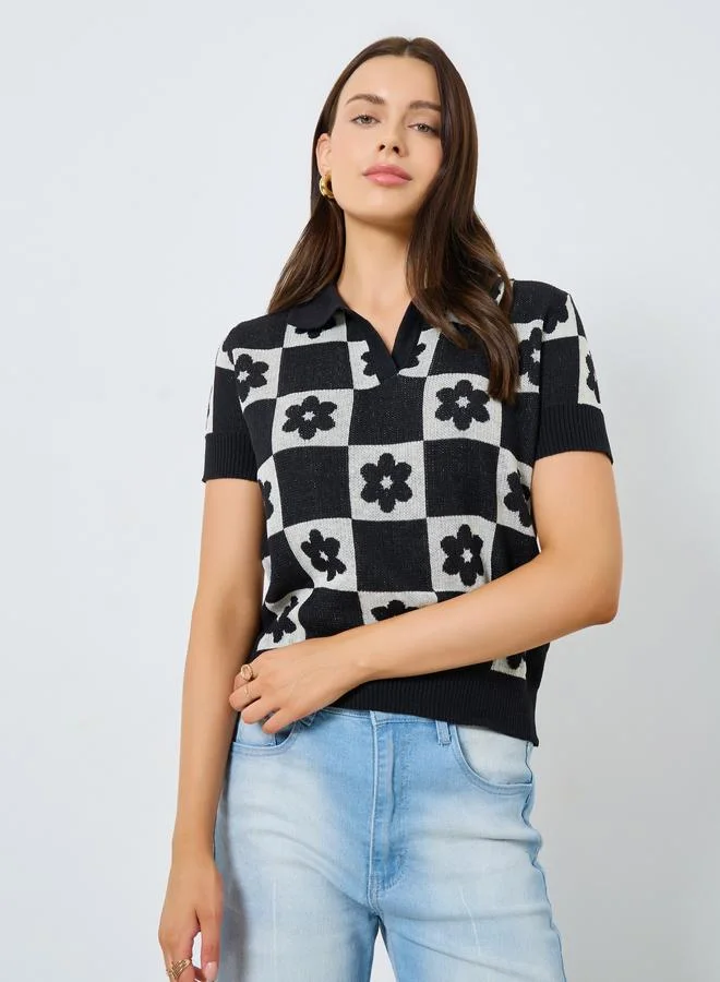 Styli Black Floral Knit Relaxed Fit Polo T-Shirt