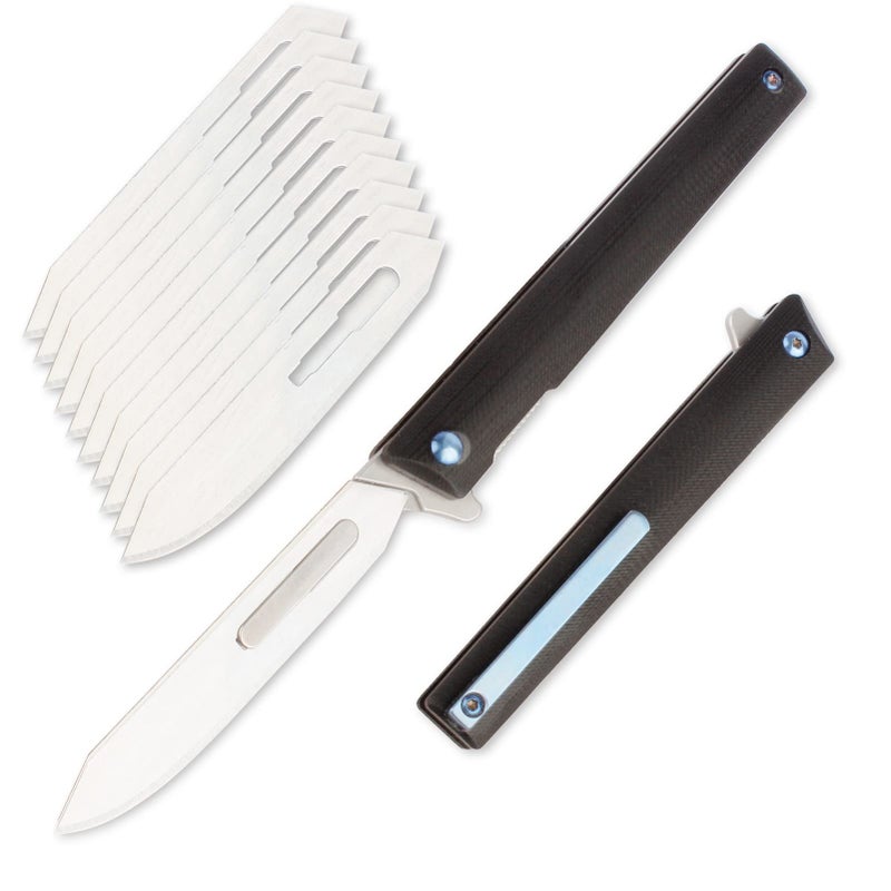 TENCHILON G37 Small Pocket Scalpel Knife 10pcs 60 Replaceable Blades Compact Slim Gentlemans Flipper Folding Scalpel EDC Utility Knives with Blue Titanium Pocket Clip Black