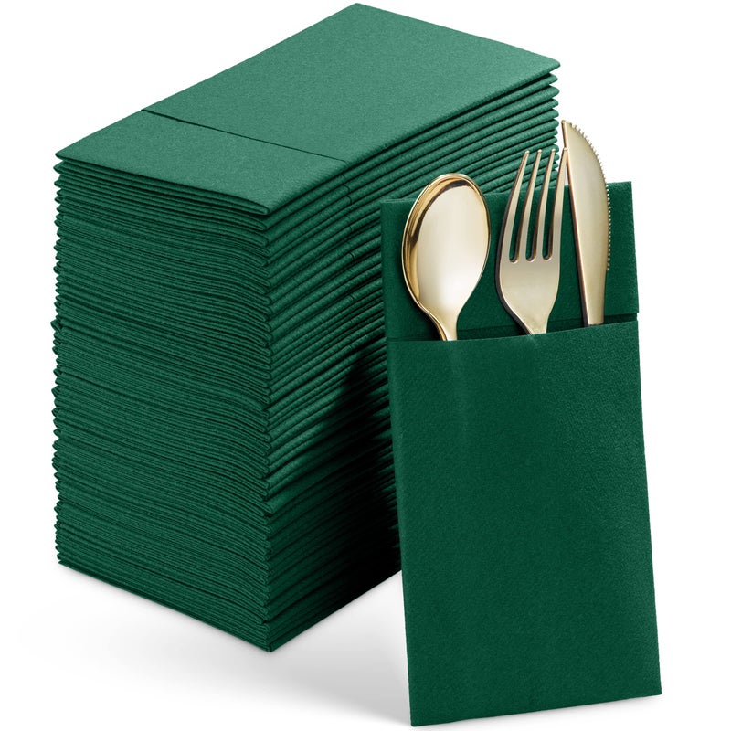 Disposable LinenFeel Dinner Napkins With Builtin Flatware Pocket 50Pack GREEN Prefolded Cloth Like Paper Napkins For Wedding Dinner Or Party