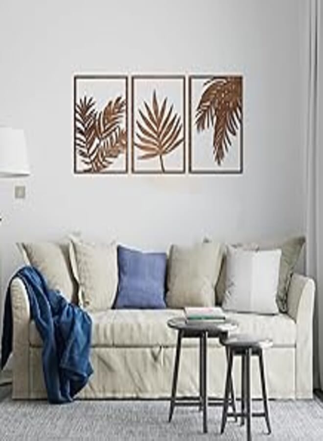 Home Gallery Tropical Leaves Wood Wall Art - Set of 3 Panel Each 60x40 cm Brown