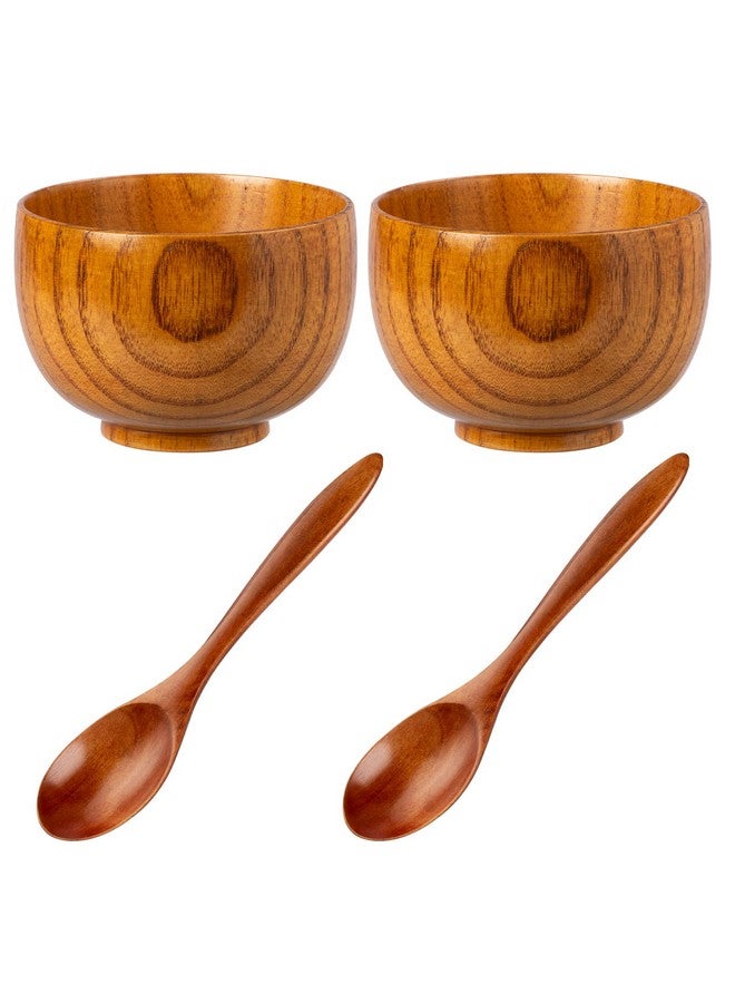NUOMI 2 Sets Wooden Bowls for Food, Small Wood Bowls with Wood Spoons for Dessert Snacks Soup Tableware Set - Image 1