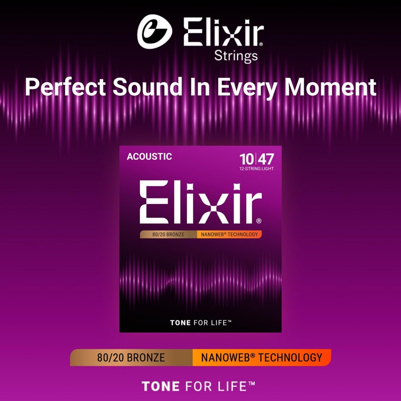 Elixir Strings, Acoustic Guitar Strings, 80/20 Bronze with NANOWEB Technology, Longest-Lasting Bright and Focused Tone For Life with Comfortable Feel, 12 String Set, Light 10-47 - Image 2