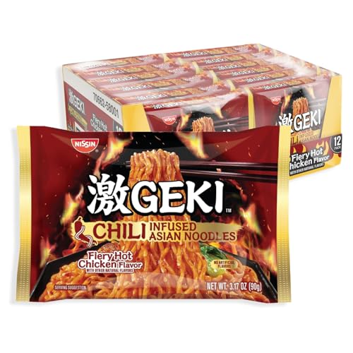 Nissin Geki Chili Infused Asian Noodles, Fiery Hot Chicken Flavor, 3.17 Ounce (Pack of 12) - Image 1