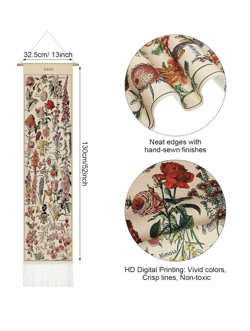 GUDOO Vintage Tapestry 52 x 13 Inch, Long Vertical Wall Hanging Reference Illustrative Botanical Tassel Tapestry for Bedroom Living Room Home Decoration(Flower) - Image 2