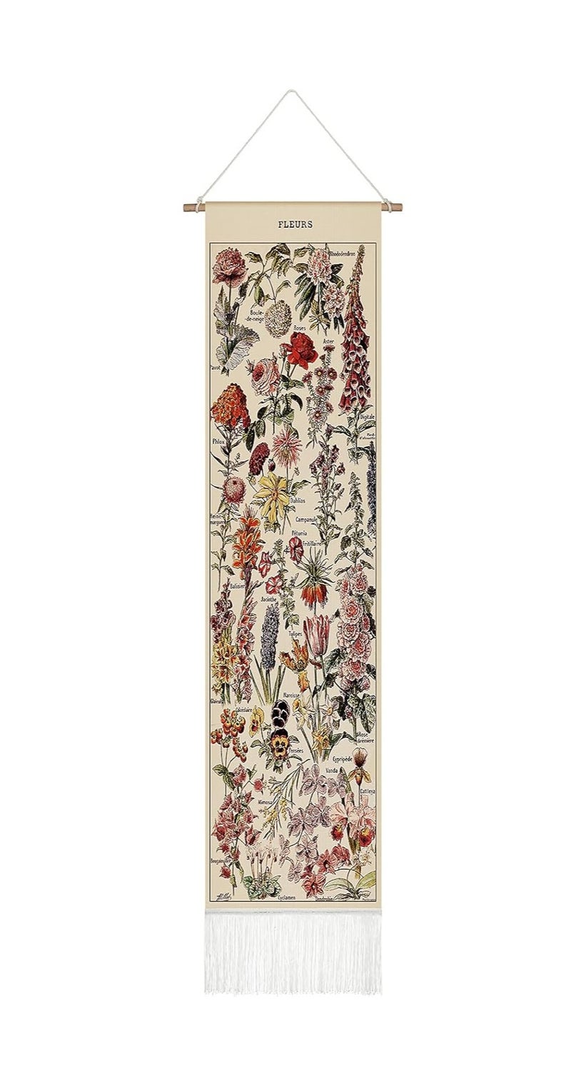 GUDOO Vintage Tapestry 52 x 13 Inch, Long Vertical Wall Hanging Reference Illustrative Botanical Tassel Tapestry for Bedroom Living Room Home Decoration(Flower) - Image 1
