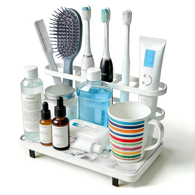 FHJP Electric Toothbrush Holders for Bathrooms, Bathroom Counter Organizer with Quick Dry Diatomaceous Earth Mat, 5 Slots Toothbrush and Toothpaste Holder White, for Bathroom Sink Organizer Countertop - Image 1