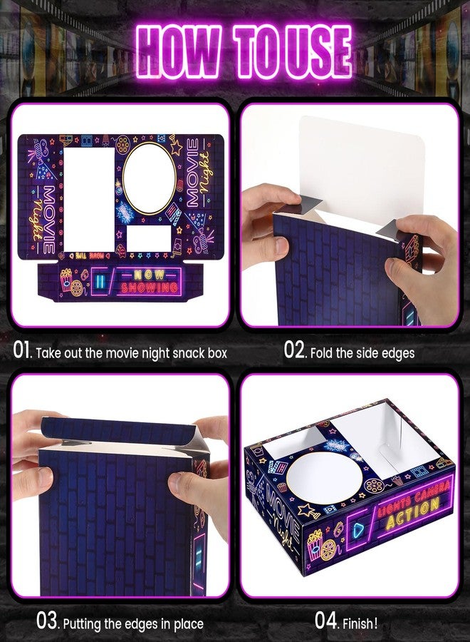 Faccito 36 Pcs Movie Night Snack Trays Theater Snack Boxes Disposable Cinema Paper Holder Movie Night Neon Glow Party Supplies for Popcorn Food Candy Drink Party Favors(Black Purple,Classic Style) - Image 4