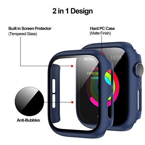 BHARVEST 3 Pack Hard PC Case Compatible with Apple Watch Series 3/2/1 42mm, BHARVEST Case with Tempered Glass Screen Protector Overall Bubble-Free Cover for iWatch Accessories, Black+Blue+Silver - Image 3