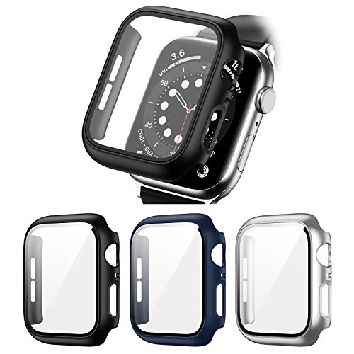BHARVEST 3 Pack Hard PC Case Compatible with Apple Watch Series 3/2/1 42mm, BHARVEST Case with Tempered Glass Screen Protector Overall Bubble-Free Cover for iWatch Accessories, Black+Blue+Silver - Image 1