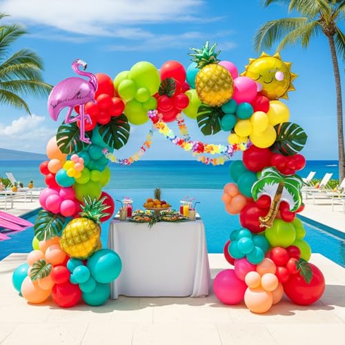 kozee Flamingo Tropical Balloon Garland kit Hot Pink Teal Orange Mylar Pineapple Palm Ballloon arch For Summer Beach Hawaiian Luau Aloha Birthday Baby Shower Party Decorations - Image 1
